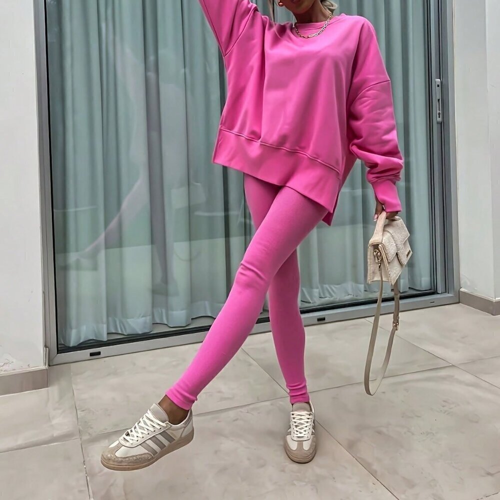 Hot Pink Casual Women's Long Sleeved Hooded Sweatshirt And Leggings Set
